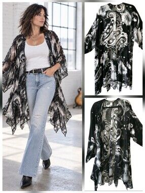 DINAH LEE Black 100% Silk Metallic Abstract Floral Kimono Duster Plus Size OS-3X